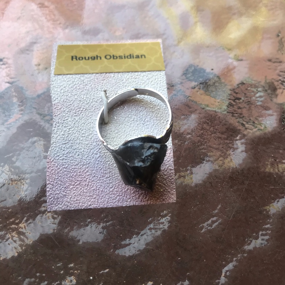 Rough obsidian silvertone adjustable ring